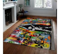 WEECHAINGE colorés lavables en Machine pour Le Salon Tapis 180x270cm Moderne Doux Faux Poils Courts Graffiti Street Art Rideau imprimé Chambre à Manger Salle Abstrait de Bureau antidérapant Non muant