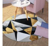 WEECHAINGE Géométrique Moderne Rond Tapis Noir Blanc et Or Abstrait Triangles lavables Surface antidérapante Tapis pour Salon Chambre à Coucher décor de Bureau à Domicile 120cm