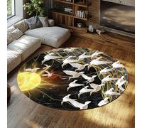 WEECHAINGE Grue Orientale Lever de Soleil Design Tapis Rond Oiseaux Volants Noir Or marbre Motif Tapis Tapis de Sol à Poils Ras pour l’étude du Salon 160cm
