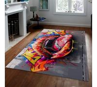 WEECHAINGE Neon Tongue Lips Graffiti Petite Couverture De Chambre Antidérapant Urban Street Art Doux Effet 3D Béton Gris Aspect Mural Tapis Lavables pour Cuisine Salon 160x230cm