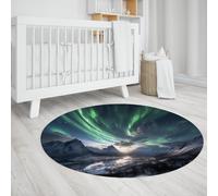 WEECHAINGE Rond Aurora Borealis Tapis lavables Vert émeraude et améthyste Nord Profond Nuit Bleu Ciel Montagne Silhouette Tapis de Cuisine antidérapant 120cm