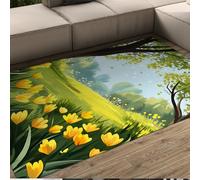 WEECHAINGE Tapis 100x150cm Verts Salon Jardin de Fleurs printanier Petit carpette Tulipes Jaune Vif dans Un Champ Vert Descente lit Prairie Florale Scène extérieure Lavable antidérapante pour Chambre