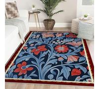 WEECHAINGE Tapis 120x150cm Fleuri Classique carpette au Design botanique Blooming pour Chambre Cuisine Descente de lit Vintage élégante Lavable antidérapante Salon entrée du Couloir déco Bleu foncé