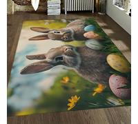 WEECHAINGE Tapis 60x120cm de Lapin Petits carpette Pâques en Forme Mignon pour la Chambre Herbe Verte décoration aux œufs colorés Descente lit Sol d intérieur antidérapants Doux lavables intérieure