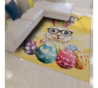 WEECHAINGE Tapis 60x90cm Jaune carpette Modernes Abstraits pour l Espace Salon Plaisir Joyeuse Style de Pâques Descente lit Un Lapin Mignon Œuf coloré Décoration fête ludique Chambre Bureau