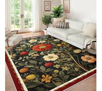 WEECHAINGE Tapis 90x150cm Vert foncé carpette Fleuri Lavable Descente de lit Vintage bohèmes Doux à Poils Bas pour Salon Jardin résistants aux Taches antidérapant botanique imprimé Chambre Salle