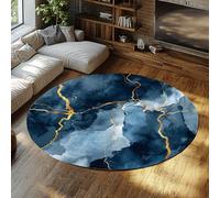 WEECHAINGE Tapis Circulaire de Luxe Bleu Marine et Gris veine d’Or Effet marbre Doux à Poils Ras Tapis Lavable pour Salon Chambre à Coucher Bureau Sol décor 160cm