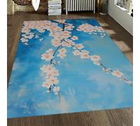 WEECHAINGE Tapis de Salon Cherry Blossoms 160x230cm Style Japonais pour la Zone de Fleurs de Sakura Décor dégradé de Tapis Bleu Tapis Lavable pour Chambre Bureau Studio