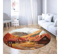 WEECHAINGE Tapis Rond de Ferme Rustique 100cm Chemin de cabane du Village Paysage extérieur automnal Cercle de Salon Tapis Moquette Douce et Lavable pour Balcon