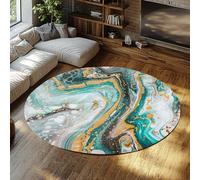 WEECHAINGE Tapis Rond en marbre Turquoise et Or Lavable en Machine Ow Pile Tapis antidérapant pour Le Salon Bureau Motif Abstrait Couverture de Sol Souple 150cm