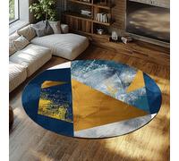 WEECHAINGE Tapis Rond géométrique Moderne Bleu Marine Or et Gris Tapis antidérapant Lavable en Machine pour Salle à Manger Bureau Doux Intérieur Accent 90cm
