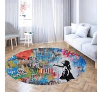 WEECHAINGE Tapis Rond Graffiti Lavable Antidérapant - Silhouette Fille Colorée, Street Art Moderne pour Cuisine, Entrée, Décor Contemporain 200cm
