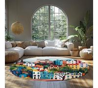 WEECHAINGE Tapis Rond Lavable antidérapant Vintage en détresse Paysage Urbain Village Imprimer Motif Tapis de Sol pour Salon Chambre à Coucher Salle à Manger Sarcelle Moutarde Corail Marine Vert 60cm