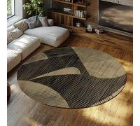WEECHAINGE Tapis Rond Salle à Manger Anti Antidérapant Lavable Poils Ras Tissage Plat Minimaliste Ligne géométrique Noir Beige Neutre Japandi Moquette d entrée 120cm
