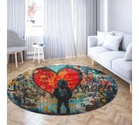 WEECHAINGE Tapis Ronds lavables Graffiti Coeur Street Art Cercle Tapis de Sol de Cuisine d’appoint antidérapant en détresse à Poils Ras pour Salon Chambre à Coucher entrée, Rouge/Sarcelle/Gris 135cm