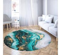 WEECHAINGE Turquoise Or marbre Abstrait Rond Tapis de Luxe Encre Fluide Motif Doux Lavable Tapis pour Moderne Minimaliste Salon Chambre Art déco 240cm