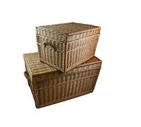 WEECO Ensemble de 2 Paniers en Osier Tressés à la Main avec Couvercle - 60 cm et 80 cm, Grandes Malles de Rangement Robustes avec Poignées, Polyvalentes et Écologiques.