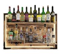 weeco Étagère de Bar Murale en Bois avec Éclairage LED - Minibar Suspendu avec 2 étagères - Meuble de Rangement pour Bouteilles d'Alcools et Verres - 112x72cm Bois Brûlé