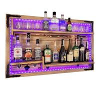 weeco Étagère Murale en Bois avec Éclairage LED RGB - Meuble de Bar Rustique pour Bouteilles et Verres - Présentoir à Alcools avec 3 Étagères 112x72cm Bois brûlé