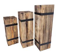 weeco Lot de 3 colonnes décoratives en bois - Socle rustique, support pour plantes et colonnes décoratives - Bois de pin massif traité flammé - Avec anneaux en métal - 70 cm, 60 cm, 50 cm, 25 x 25 cm