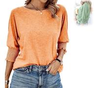 Weekeen Tees - Women's 2025 Fashion Tops with 3/4 Sleeves, Weekeen Crewneck Fashion Tops in Solid Colors Blouse (Orange,S)