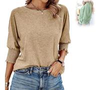Weekeen Tees - Women's 2025 Fashion Tops with 3/4 Sleeves, Weekeen Crewneck Fashion Tops in Solid Colors Blouse (Khaki,Grand)