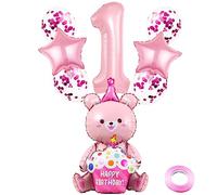 Weenkeey 1 ans anniversaire ballon géant 4D ours aluminium feuille ballon 1 ans ballon Ours Câlin gâteau ballon ours thème partie fournitures fille anniversaire bébé douche décoration - Rose