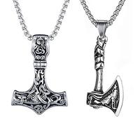Weenkeey 2pcs Thors Hammer collier hache collier nordique Viking amulette pendentif collier Goth punk rock Hip Hop pendentif homme Collier - argent
