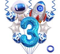 Weenkeey 3 ans astronaute fusée anniversaire ballon fête l'espace ballons géants spaceman Foil ballons bleu 3 ans ballon à hélium étoile ballon pour la décoration fête d'anniversaire