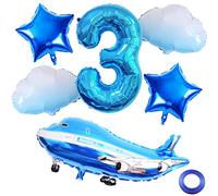 Weenkeey 3 ans avion ballon d'anniversaire ballon d'avion 3 ans décoration d'anniversaire avion aluminium feuille ballon 3 ans Flying Party garçon avec ballon anniversaire décoration bleu