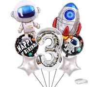 Weenkeey 3 ballons d'anniversaire astronaute fusée d'espace argentés, Bleu, Noir, Set de décoration de fête d'anniversaire pour enfants et garçons, 9 pièces, Autoscellant, Ballons en aluminium