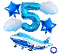 Weenkeey 5 ans avion ballon d'anniversaire ballon d'avion 5 ans décoration d'anniversaire avion aluminium feuille ballon 5 ans Flying Party garçon avec ballon anniversaire décoration bleu
