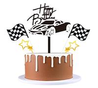 Weenkeey 5 pièces acrylique auto cake topper Racing happy birthday cake topper thème course chevaux Cupcake topper avec étoile carré drapeau gâteau choisir décoration fête d'anniversaire - argent