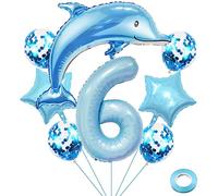 Weenkeey 6 ans dauphin anniversaire ballon dauphin géant aluminium feuille ballon 6 ans polyester film ballon animaux marins thème fête ballon garçon anniversaire décoration - bleu clair