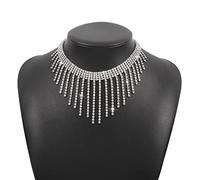 Weenkeey Rhinestone Choke collier scintillant cristal collier Tassel Bib Choke Rhinestone manifeste collier pour les femmes - argent