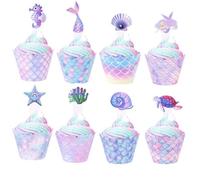 Weenwill Décorations de Gâteaux Sirène,48 Pcs Décorations et Caissettes à Cupcakes Thème Sirène,Décoration D'anniversaire Sur Le Thème de La Mer pour Enfant Fête D'anniversaire Décoration Fournitures
