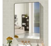 WEER Miroir de salle de bains 61 x 81,3 cm en nickel brossé, cadre en métal argenté brossé, miroir rectangulaire arrondi en verre trempé, anti-rouille, à suspendre horizontalement ou verticalement