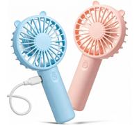 Weewooday 2 Mini Ventilateur Portable à Main avec Oreilles d'Ours et 3 Vitesses Ventilateur Petit Portable Rechargeable par USB pour Voyages Maquillage(Rose et Bleu)