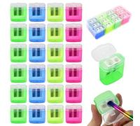 WEFHEF 24 Pcs Taille Crayon 2 Trous, Taille-Crayons avec Réservoir et Couvercle, Petit Taille Crayon Manuel de 4 Couleurs, Double Taille-Crayons en Plastique Portable, pour École Bureau Maison Artiste