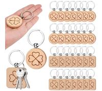 WEFHEF 30 Pcs Porte-Clés Trèfle à Quatre Feuilles, Porte-Clés en Bois en Ronds et Carrés, Porte Clé Porte Bonheur avec Anneau Métal, Porte Trèfle 4 Feuilles, pour Sac Moto Voiture Artisanale