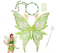 WEFHEF 5 Kits de Déguisement Fée Adulte Vert, Ailes de Papillon + Oreilles d'Elfe + Bandeau de Faux Fleur + Baguettes d'Étoile, Déguisement Féerique Femme Princesse, pour Carnaval Soirée Cosplay Fête