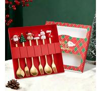 WEFHEF 6 Pcs Couverts Noël en Acier Inox, Cuillère et Fourchette de Noël, Cuillères à Thé Avec Décoration Mignonne 3D, Cuillère à Café et Fourchette à Dessert Doré, pour Fête Cadeau Anniversaire