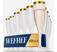 WEFHEF 60 Pcs Flûte Champagne Réutilisable, Coupe Champagne 150 ml, Petit Verre Champagne Transparente, Flûtes à Mimosa avec Pied, avec Déco de Doré, pour Réceptions Mariages Fêtes Pique-nique