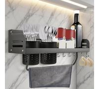 WEFHEF Étagère à Épices Murale avec Porte-Serviette, Porte-couverts, Fente pour Couteau et Crochet de Rangement, Organisateur Épices 40 cm, Range Épice Suspendue Métal, pour Bocal Ustensiles Cuisine