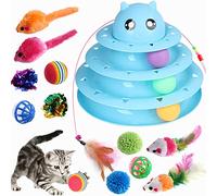 Wefine Lot de 14 jouets d'intérieur pour chat - piste interactive à 3 niveaux avec boules colorées, baguette à plumes et rouleau d'exercice pour chatons et chats