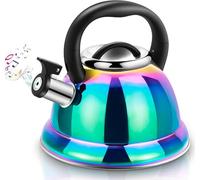 Weftnom Bouilloire à thé sifflante en acier inoxydable 316 avec poignée pliable froide, bouilloire à induction arc-en-ciel pour l'eau bouillante, finition miroir 3,7 l