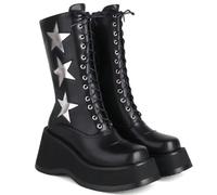 WEHAM Bottes à Plateforme épaisses pour Femmes - Bottes Gothiques mi-Mollet à Lacets avec Fermeture éclair sur Le côté, Talon compensé à Bout Rond,Noir,36