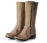 WEHAM Bottes de équitation pour Femmes, en Cuir à Hauteur de Genou avec Sangles élastiques à Boucle, Bottes à Talon Plat avec Fermeture éclaire latérale, Bout Rond décontracté,Marron,44