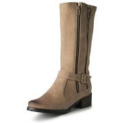 WEHAM Bottes de équitation pour Femmes, en Cuir à Hauteur de Genou avec Sangles élastiques à Boucle, Bottes à Talon Plat avec Fermeture éclaire latérale, Bout Rond décontracté,Marron,44