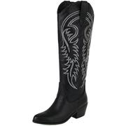 WEHAM Bottes occidentales brodées pour Femmes, Bottes de Cowboy à Talons épais et à Mollet Large, Bottes mi-Mollet rétro Pointues Rouges et Noires à la Mode,Noir,38